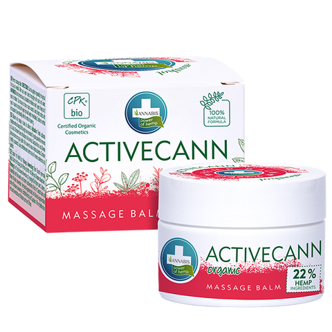 Activecann organische Massagebalsam, 50ml Dose mit weiß-rotem Design, zertifizierte Bio-Kosmetik mit Hanföl, Menthol und pflanzlichen Extrakten, ideal für Hautpflege und Massage.