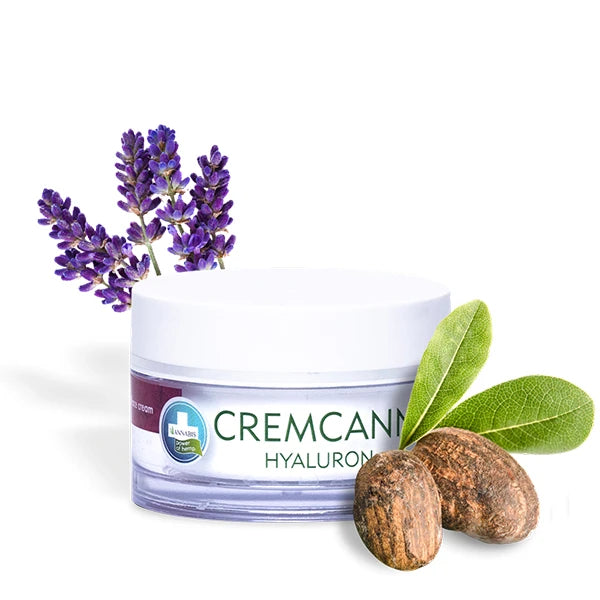Cremcann Hyaluron Gesichtscreme, 50ml Dose, angereichert mit Hyaluronsäure, Hanfsamenöl, Mandelöl und Shea-Butter, ideal für reife und empfindliche Haut, zertifizierte Naturkosmetik.