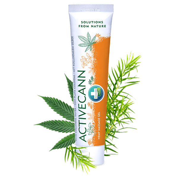 Activecann Massage-Gel, Tube mit orange-weißer Gestaltung, enthält Hanfsamenöl, kolloidales Silber und natürliche Extrakte, ideal für Gelenke, Muskeln und Rückenpflege.