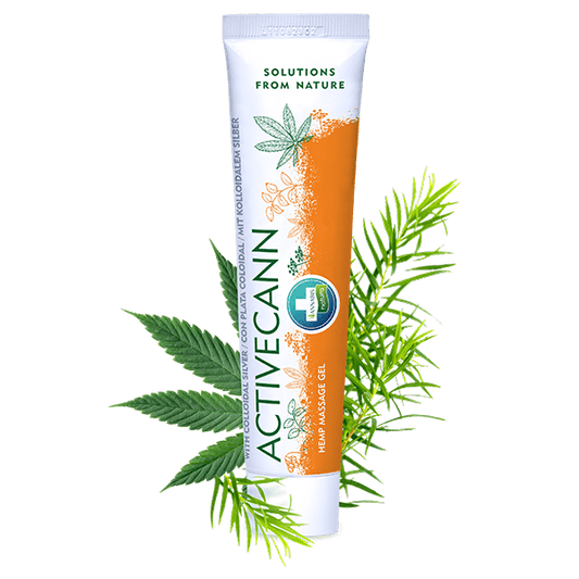 Activecann Massage-Gel, Tube mit orange-weißer Gestaltung, enthält Hanfsamenöl, kolloidales Silber und natürliche Extrakte, ideal für Gelenke, Muskeln und Rückenpflege.
