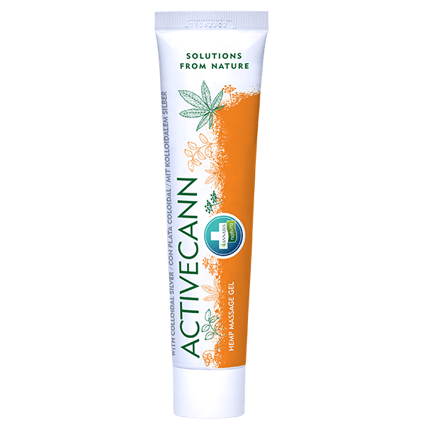 Activecann Massage-Gel, Tube mit orange-weißer Gestaltung, enthält Hanfsamenöl, kolloidales Silber und natürliche Extrakte, ideal für Gelenke, Muskeln und Rückenpflege.
