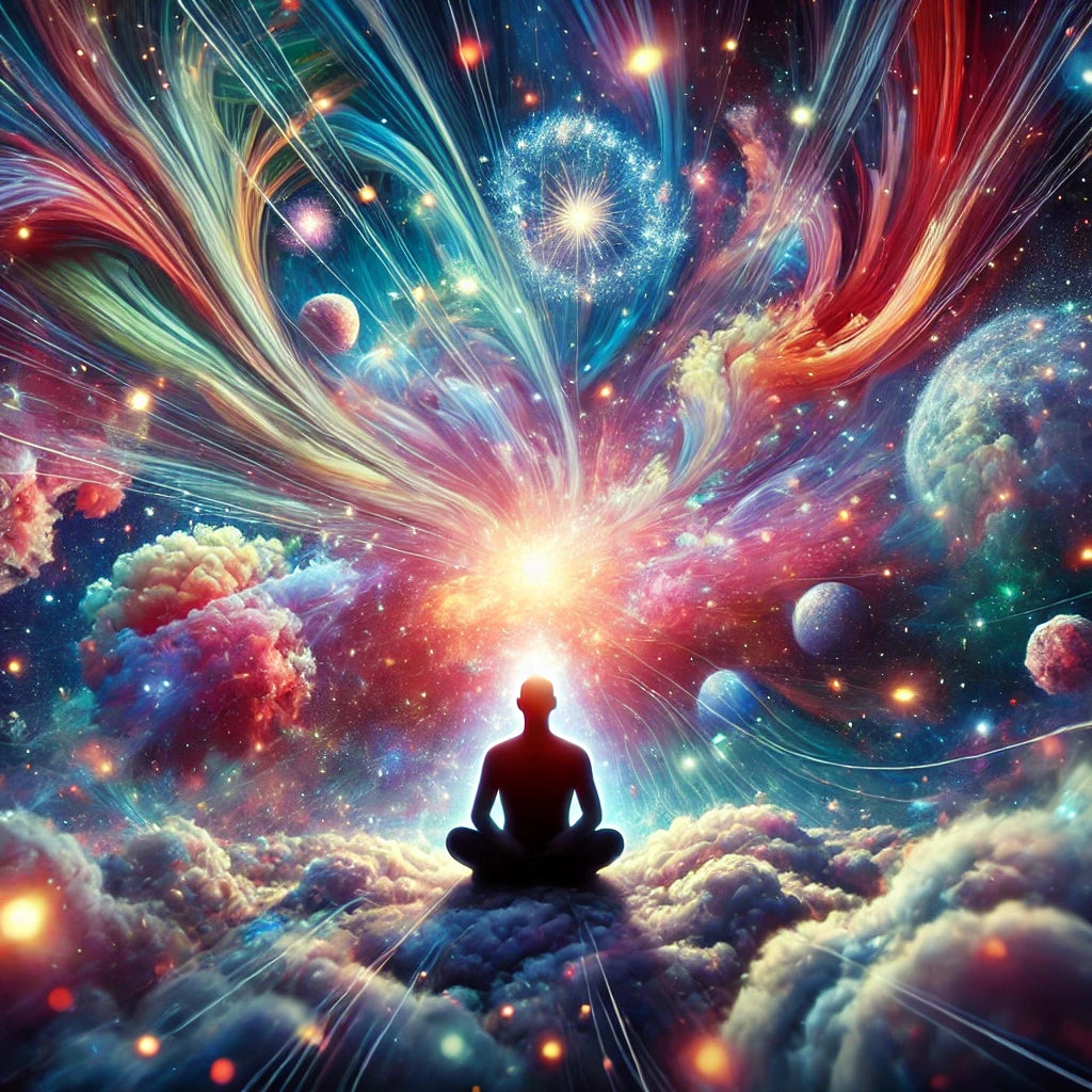 Silhouette eines meditierenden Menschen im Kosmos, umgeben von bunten Energiewirbeln, Sternen und Planeten – psychedelische, galaktische Atmosphäre.