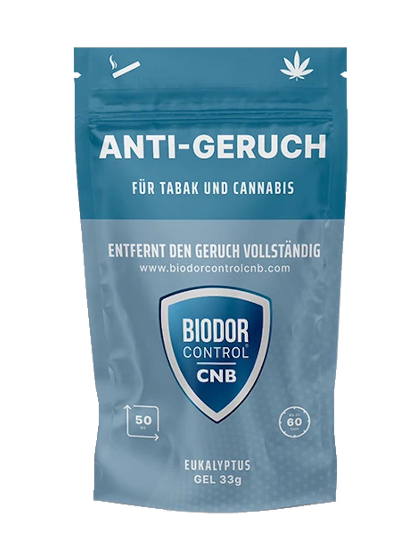 Biodor Control CNB Anti-Geruchsgel, 33g Beutel in Blau, speziell entwickelt zur vollständigen Beseitigung von Tabak- und Cannabisgerüchen, mit fortschrittlicher Geruchsneutralisierungs-Technologie.