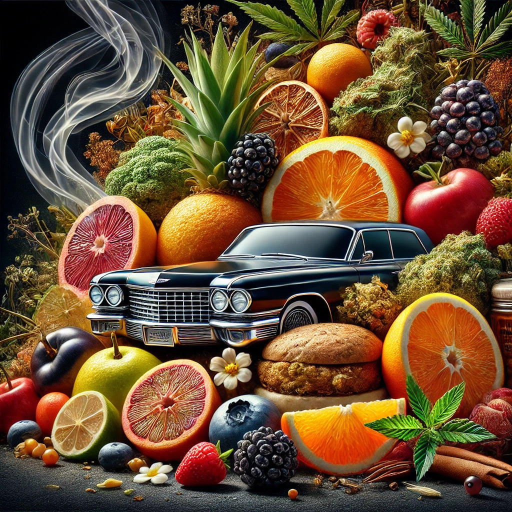 Cadillac Rainbow Cannabisblüten umgeben von frischen Zitrusfrüchten, Beeren, Hanfblättern, Gebäck und einem klassischen schwarzen Cadillac. Rauch steigt elegant auf, während das Bild eine luxuriöse, aromatische und terpene-reiche Atmosphäre vermittelt.