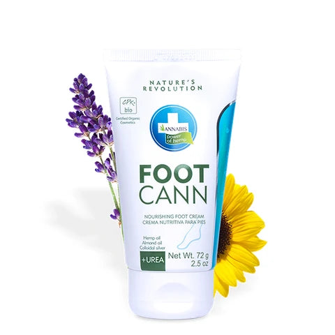 Footcann Bio-Fußcreme, 75ml Tube, angereichert mit Hanföl, Sheabutter, Urea und kolloidalem Silber, schützt und pflegt trockene Füße, zertifizierte Bio-Kosmetik.