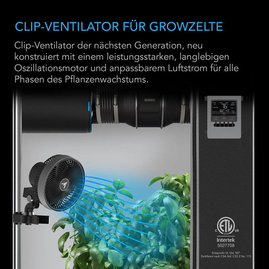 CLOUDRAY A9, Growzelt-Clipventilator 225 mm, EC-Motor, 10-stufigen dynamischen Windmodi und Lüftergeschwindigkeiten - Woodpecker's Farm