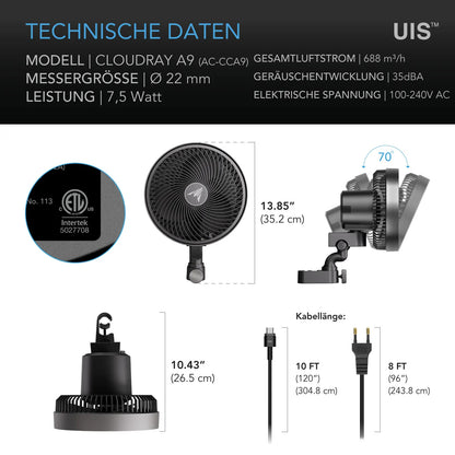 CLOUDRAY A9, Growzelt-Clipventilator 225 mm, EC-Motor, 10-stufigen dynamischen Windmodi und Lüftergeschwindigkeiten - Woodpecker's Farm