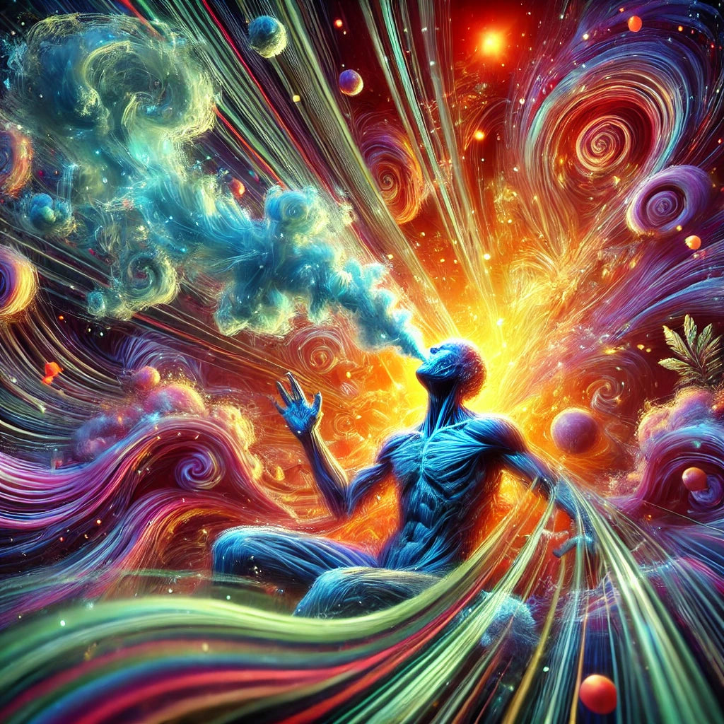 Punch Breath Wirkung – Eine leuchtende, blaue humanoide Figur sitzt meditierend im Kosmos und atmet eine psychedelische Rauchwolke aus, während bunte Energie- und Lichtströme um sie herumwirbeln. Eine galaktische, bewusstseinserweiternde Darstellung mit intensiven Farben und surrealen Elementen.