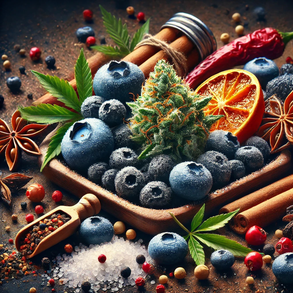 White Devil Aroma – Eine frostige Cannabisblüte auf einem Bett aus gefrorenen Blaubeeren, Zimtstangen, getrockneten Orangen, Anis, Hanfblättern und scharfen Gewürzen. Ein intensives, fruchtig-würziges Terpenprofil mit süßen, erdigen und pikanten Noten.